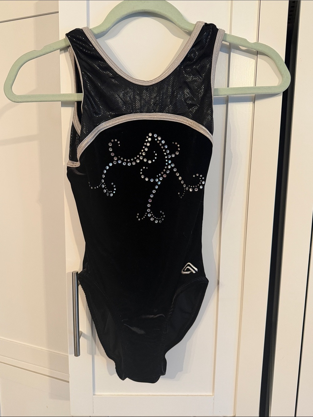 Girls Black Gymnastics Leotard with Silver Accents and Rhinestones